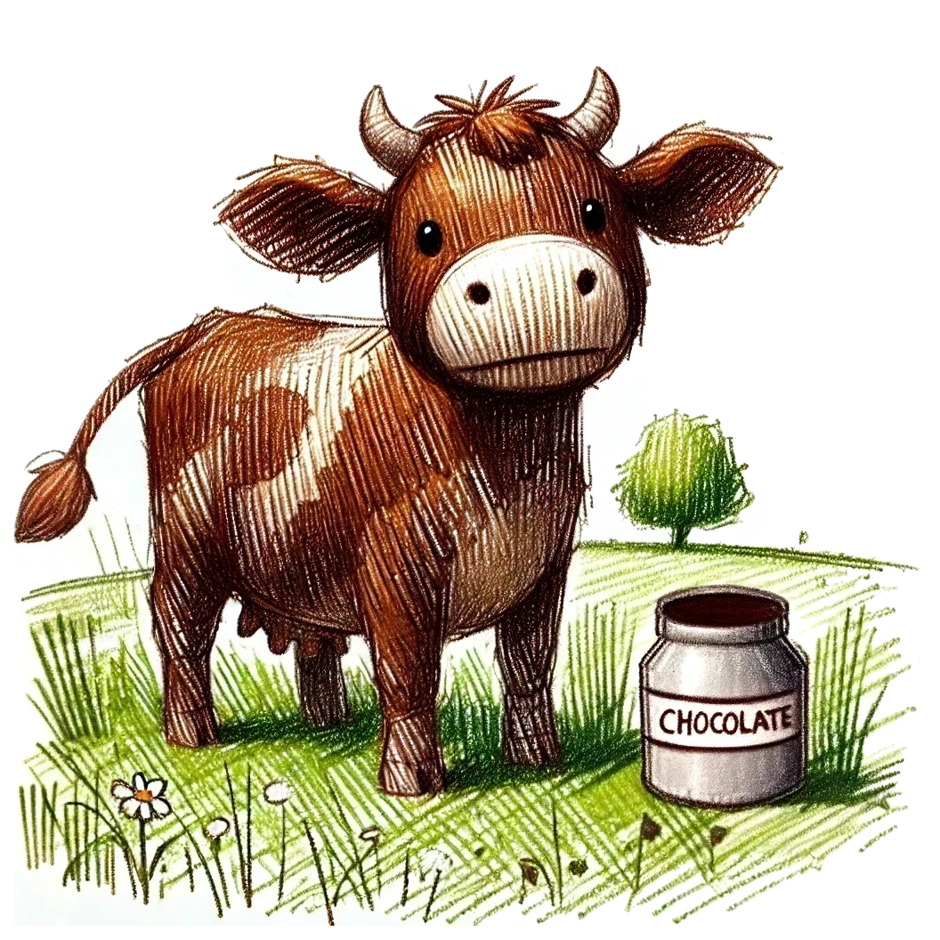 Brown cow standing on a grass field next to a milk can of chocolate milk